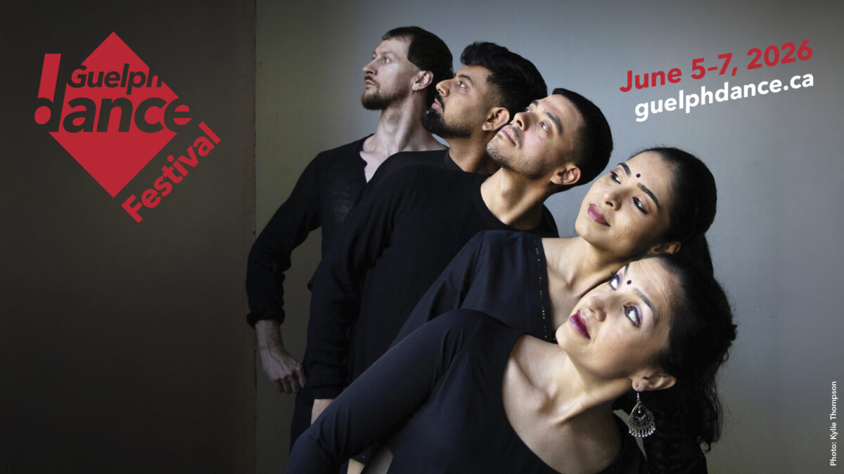 Guelph Dance Festival logo in red on top of an image of five dancers dressed in black, lined up behind each other in a cascading side bend. Red text says June 5-7, 2026. White text says guelphdance.ca.